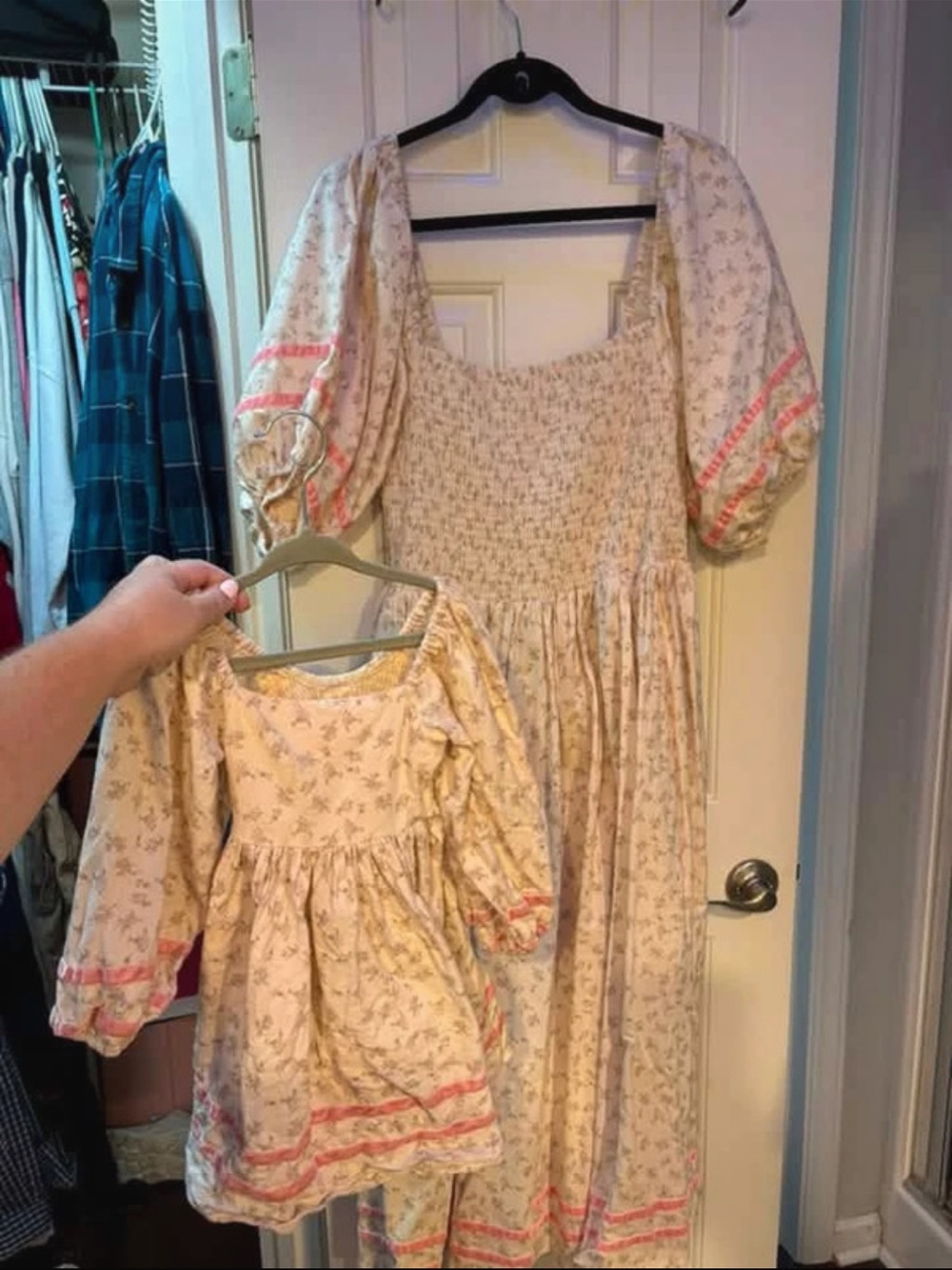 Cream Floral Smocked Kids Dress with Pink Trim